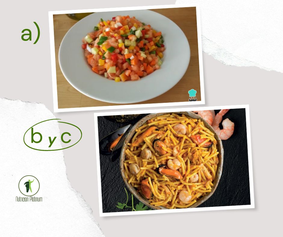 Pipirrana con fideos gordos con pescado y marisco